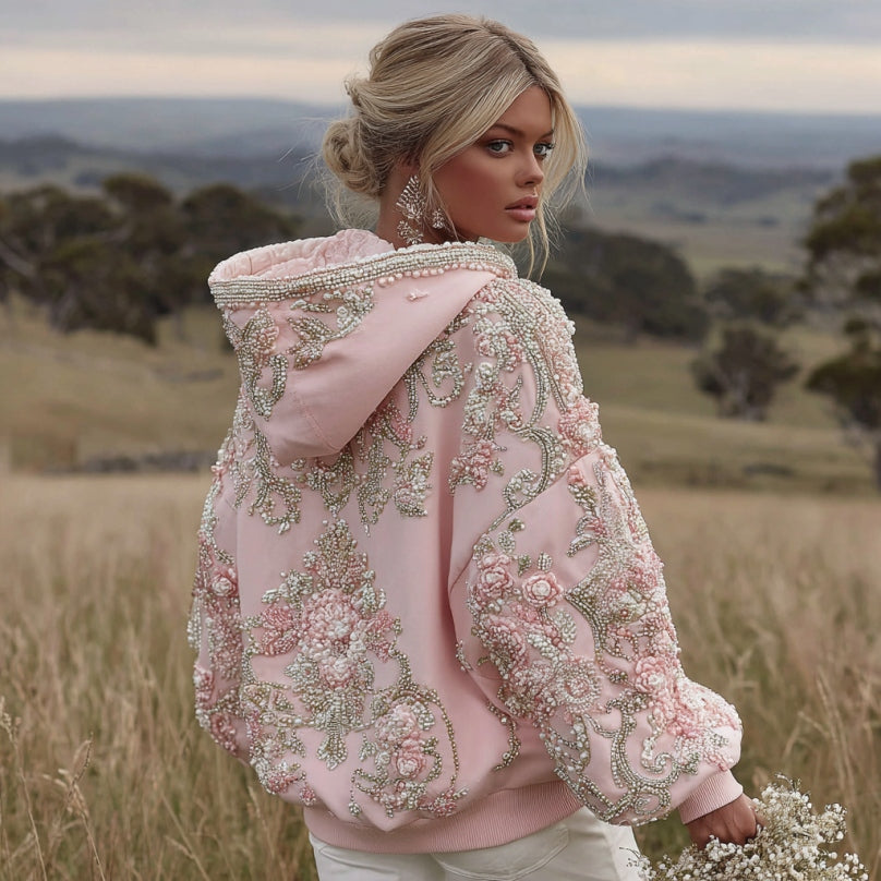 Women's Pink Flower Embroidery Art Long Sleeve Hoodie