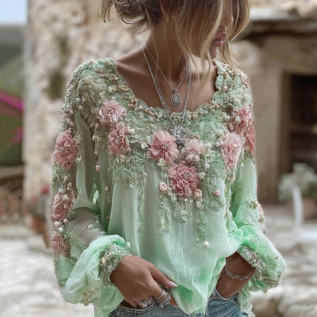 Women's Pink Rose Embroidery Art Round Neck Long Sleeve Linen Blend T-shirt