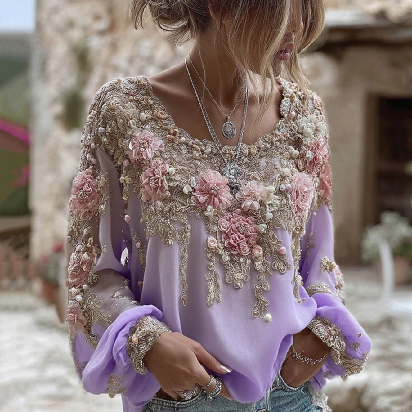 Women's Pink Rose Embroidery Art Round Neck Long Sleeve Linen Blend T-shirt